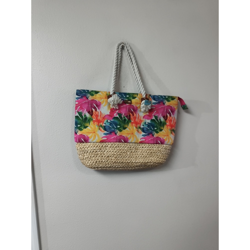 Caribbean Joe Tropical Floral Print Straw Beach Tote Bag with Rope Handles